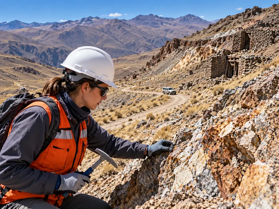 Representative geologist reviewing mineralized outcrop in southern Peru